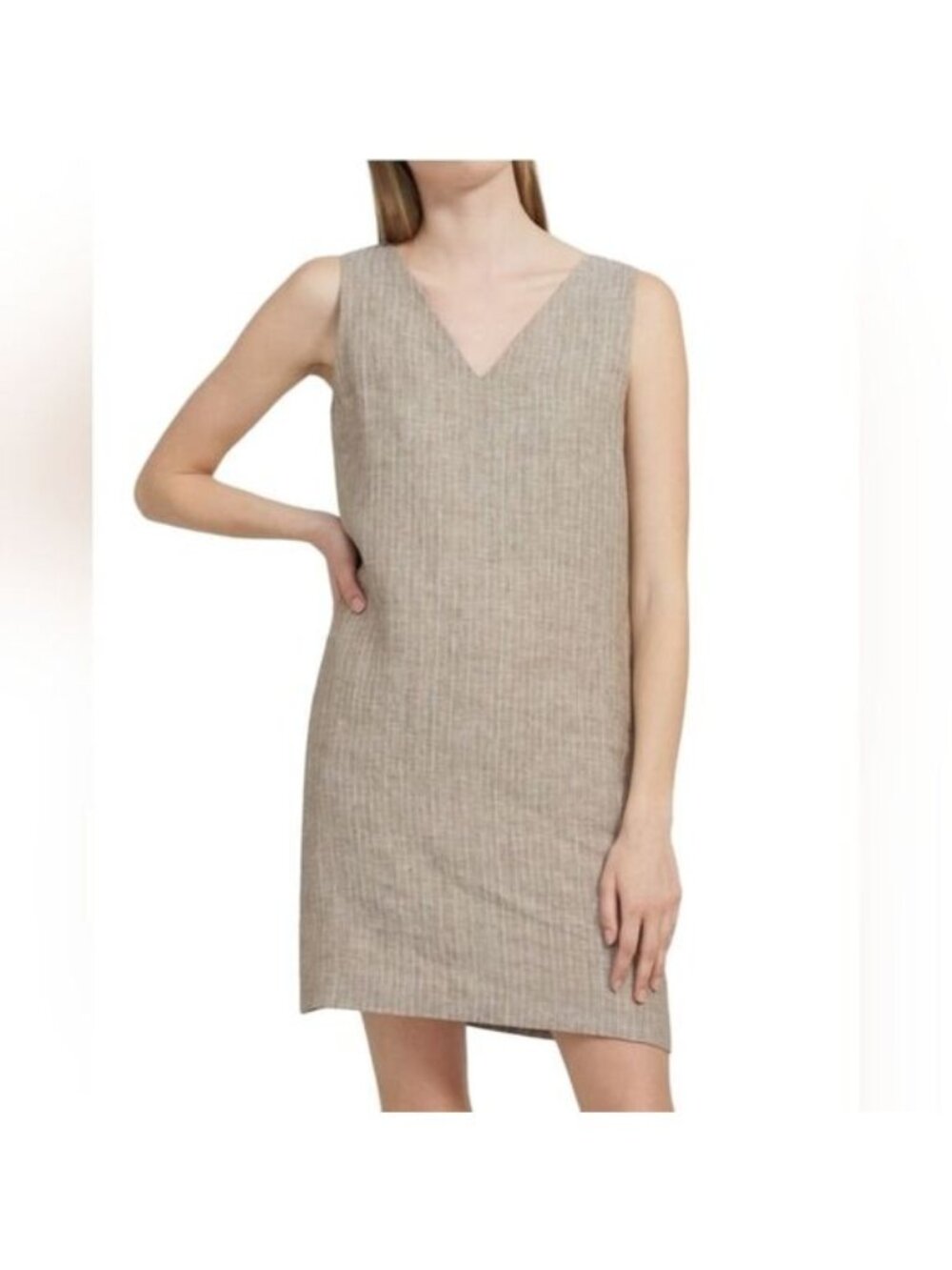 Theory Linen Shift Dress Womens 6 Brown Multi Stripe V Neck Sleeveless NWT